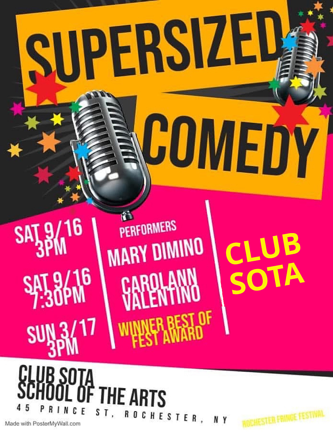 Supersized Comedy Rochester Fringe Festival flyer for Club SOTA at School of the Arts