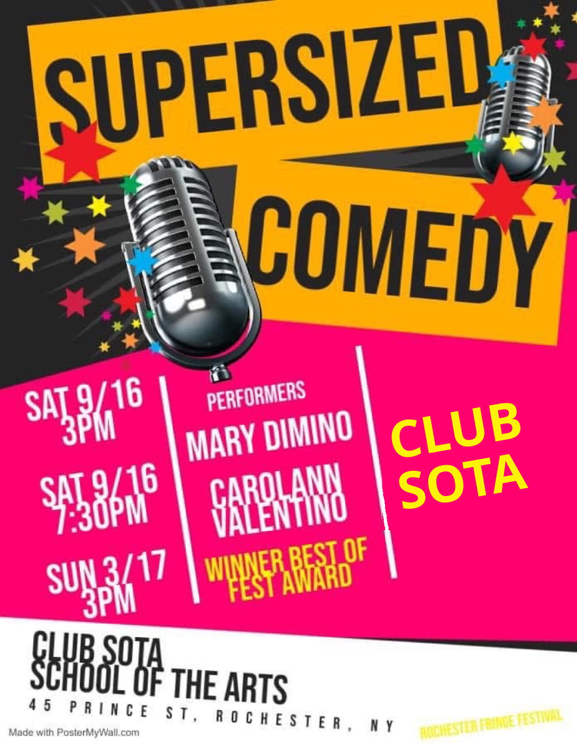 Supersized Comedy Rochester Fringe Festival flyer for Club SOTA at School of the Arts