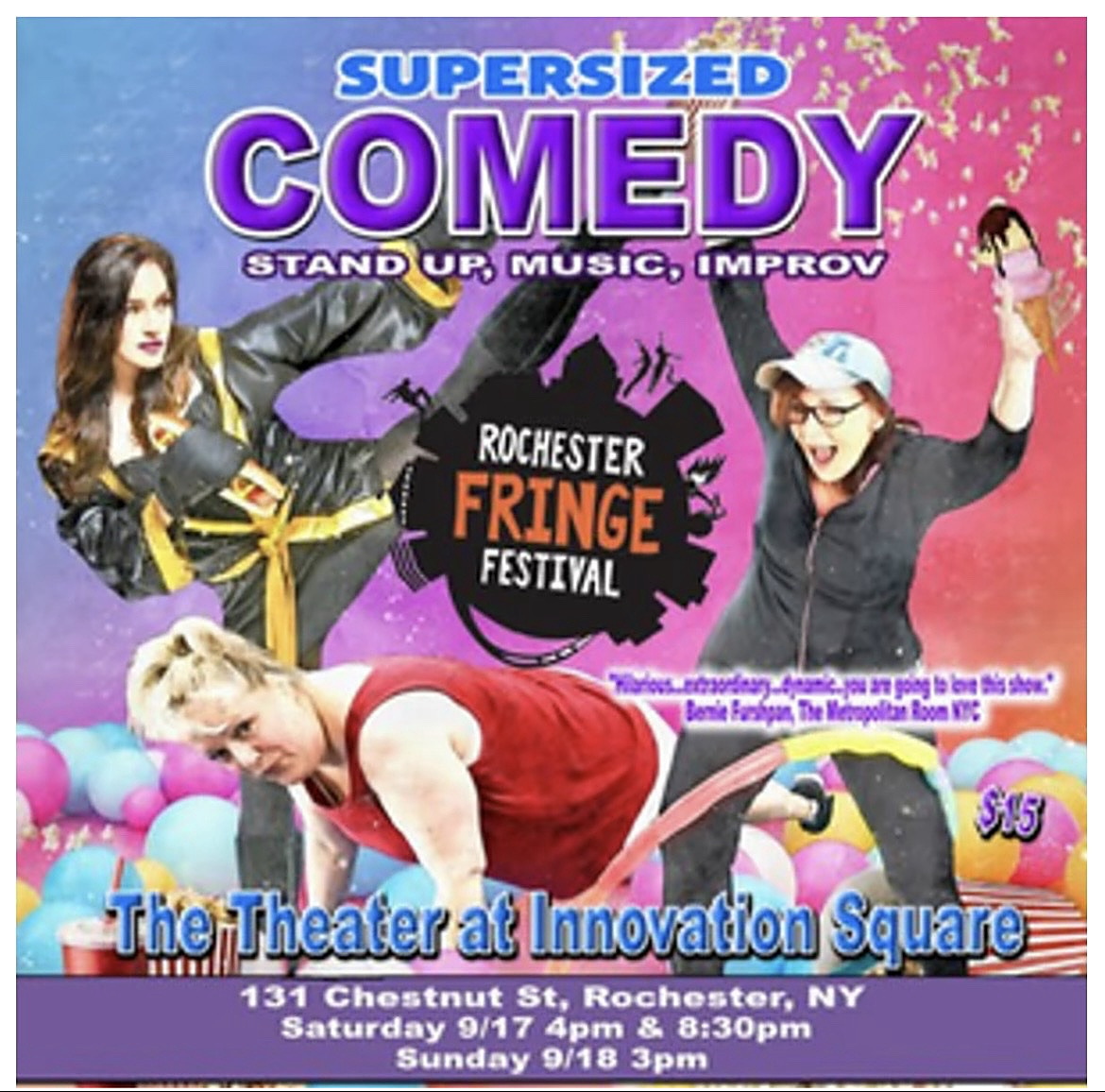 Supersized Comedy Rochester Fringe Festival flyer for The Theater at Innovation Square