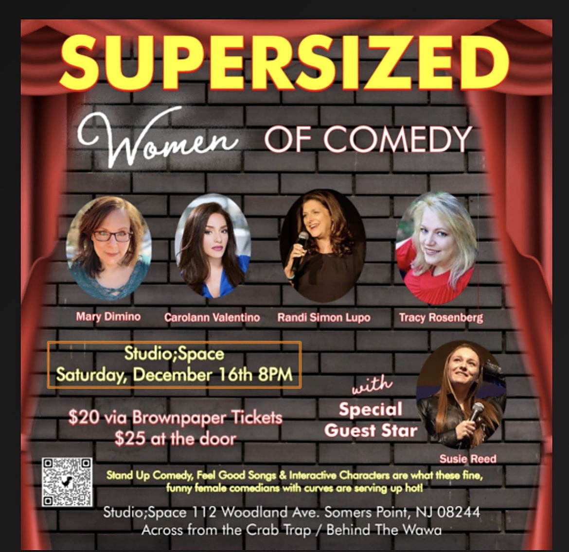 Supersized Women of Comedy December 16 show flyer for Studio Space Theater in Somers Point, New Jersey