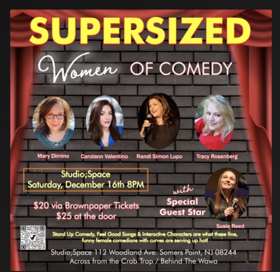 Supersized Women of Comedy December 16 show flyer for Studio Space Theater in Somers Point, New Jersey