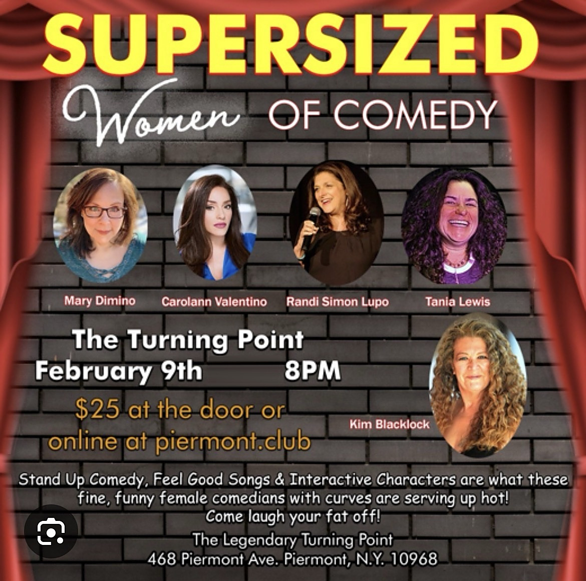 Supersized Women of Comedy show flyer for The Turning Point Theater on February 9