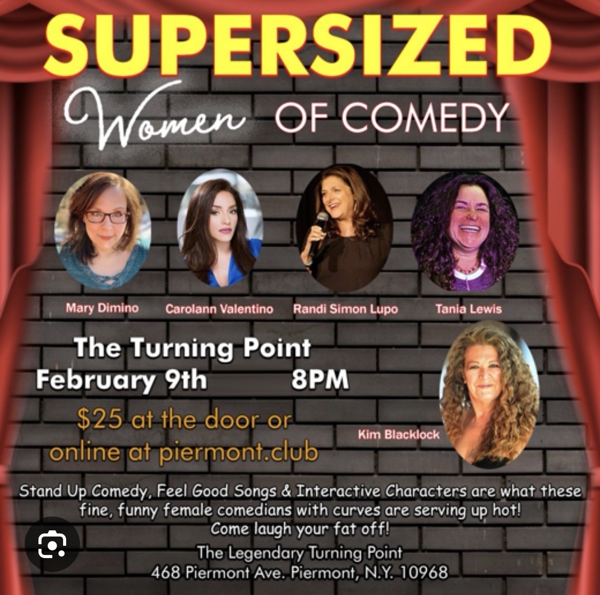 Supersized Women of Comedy show flyer for The Turning Point Theater on February 9