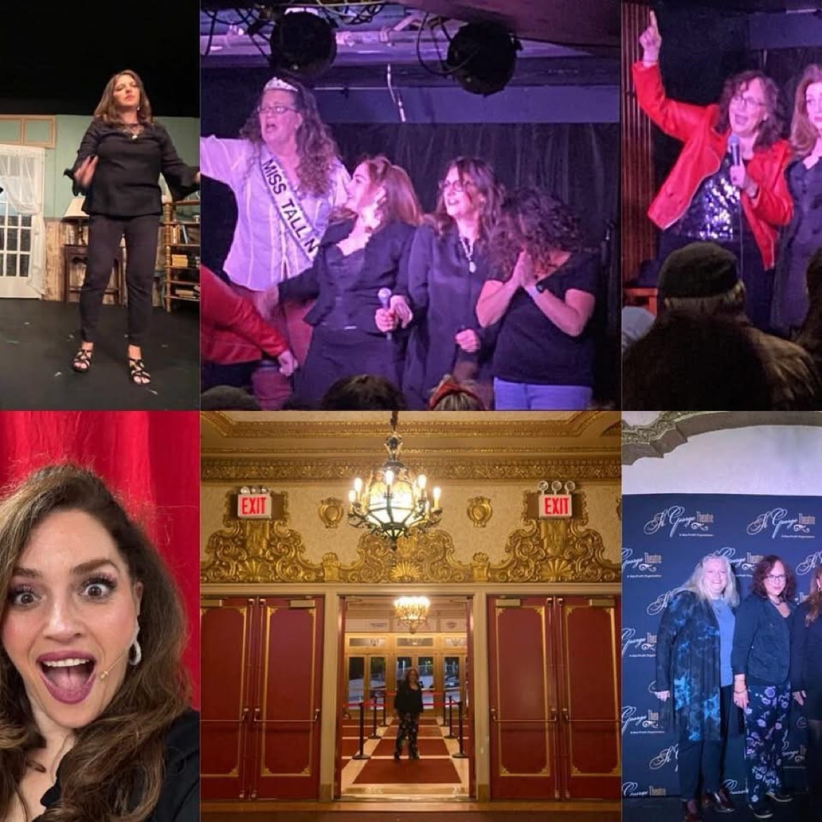 Six-photo montage of Supersized Comedy performances with Miss Talk