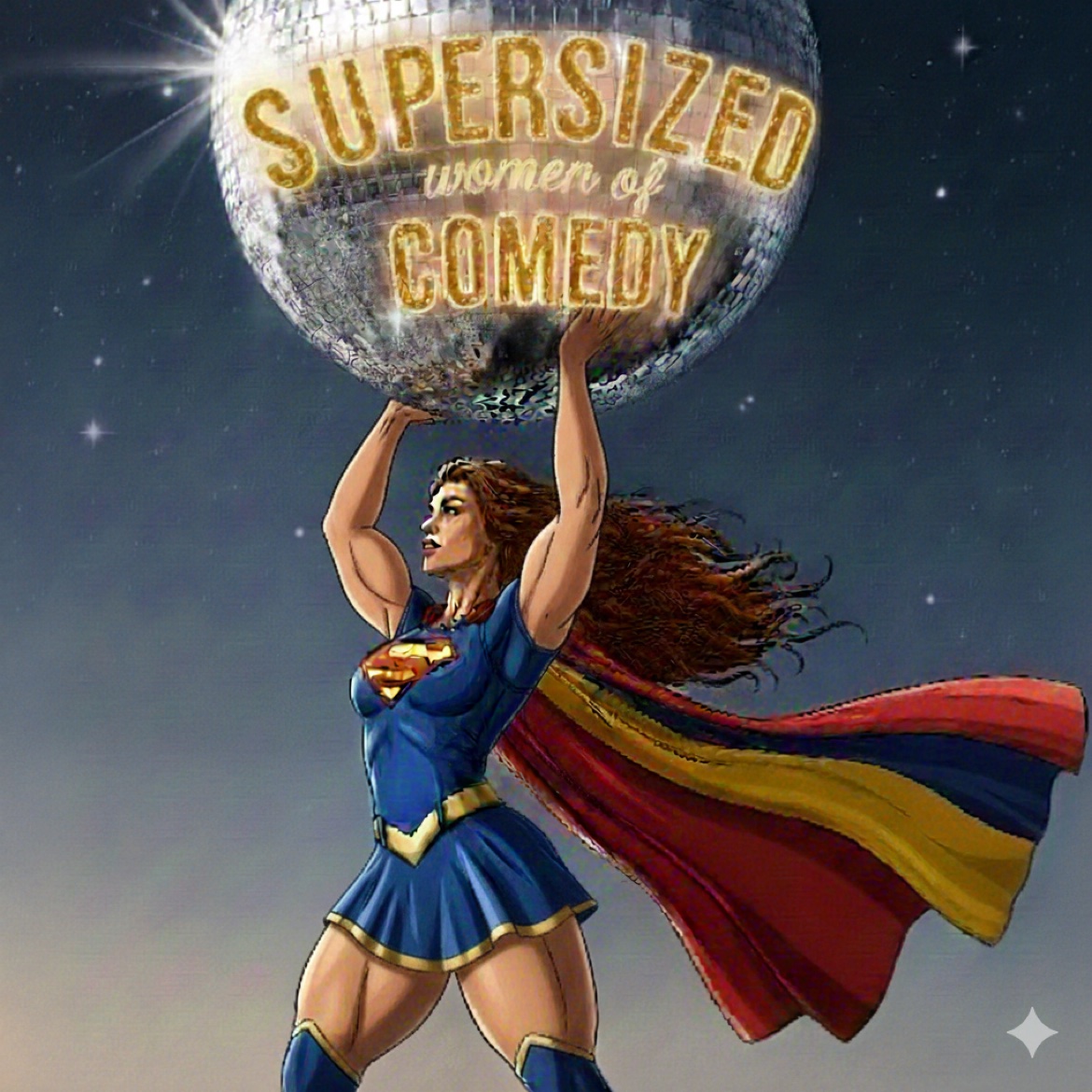 Superwoman holding up a Supersized Women of Comedy disco ball